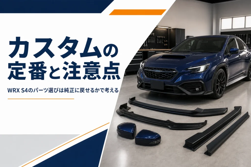 ガレージに置かれた青いスポーツセダンとエアロパーツ