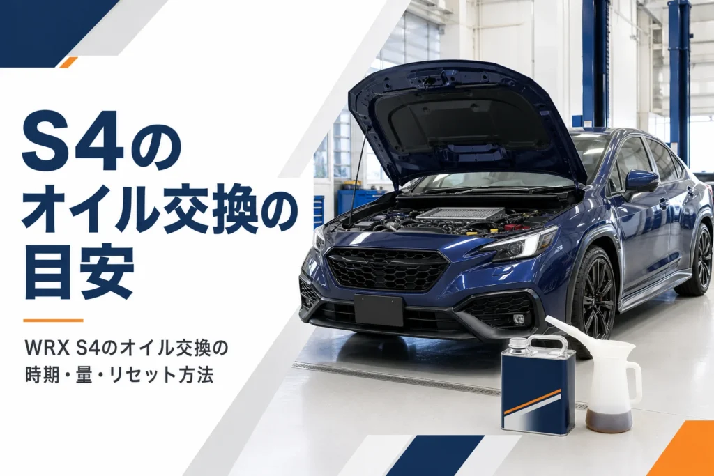 ボンネットを開けたスポーツセダンとエンジンオイルの缶