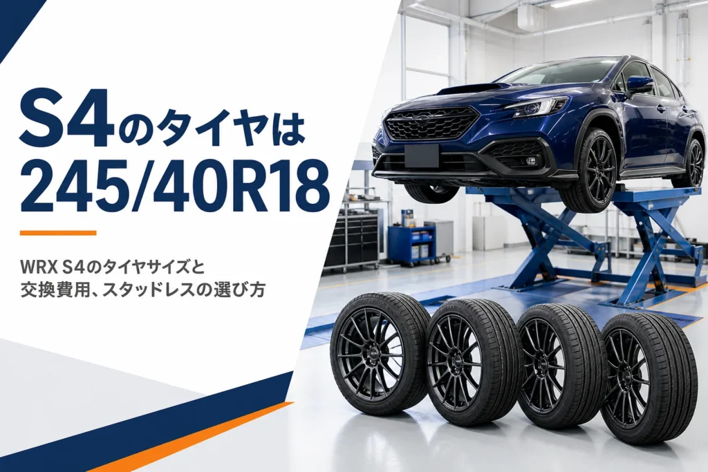 タイヤ交換中のスポーツセダンと並べられたタイヤ