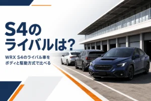 ピットロードに並ぶスポーツセダンとハッチバック